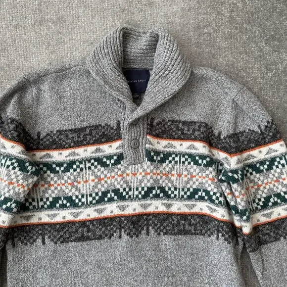 American Eagle Sweater Mens Medium Gray Fair Isle Shawl Collar Pullover Knit - Picture 2 of 7
